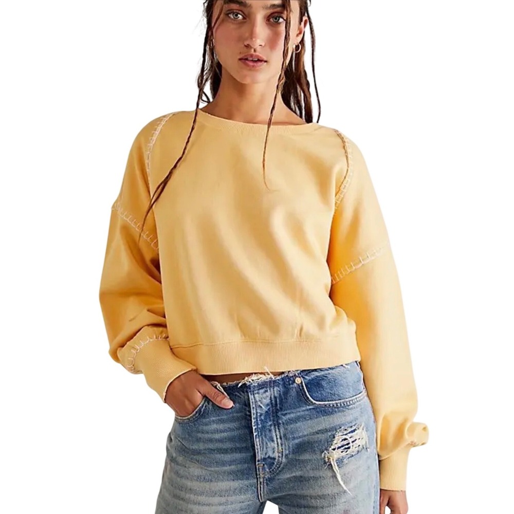 We The Free Mimi Pullover Sweater Peach Sunrise Yellow Cropped Sweatshirt Med